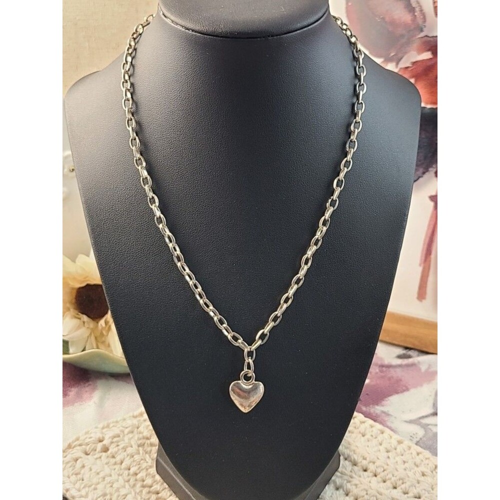 Silver Tone Heart Charm Toggle Necklace 18” Dainty Minimalist Chain Jewelry